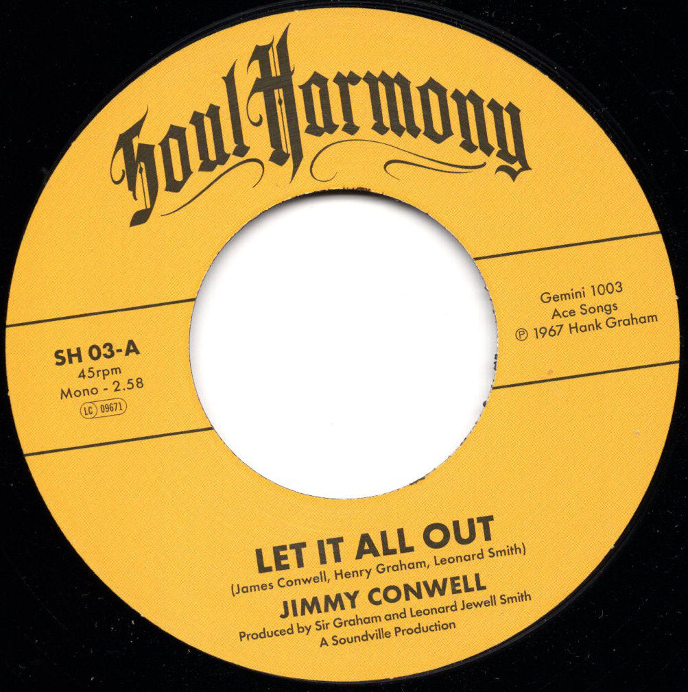Record label for 'Let It All Out' by Jimmy Conwell with 'Soul Harmony' branding.
