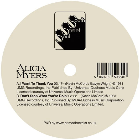 Alicia Myers - I Want To Thank You / Don't Stop What You're Doin' - South Street Soul - Repro
