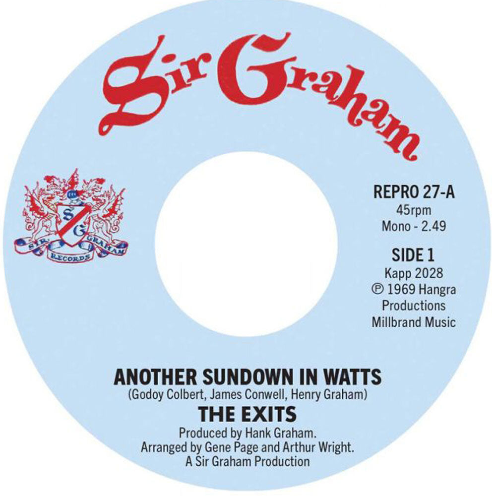 Vinyl record label for 'Another Sundown In Watts' by The Exits, featuring Sir Graham branding.