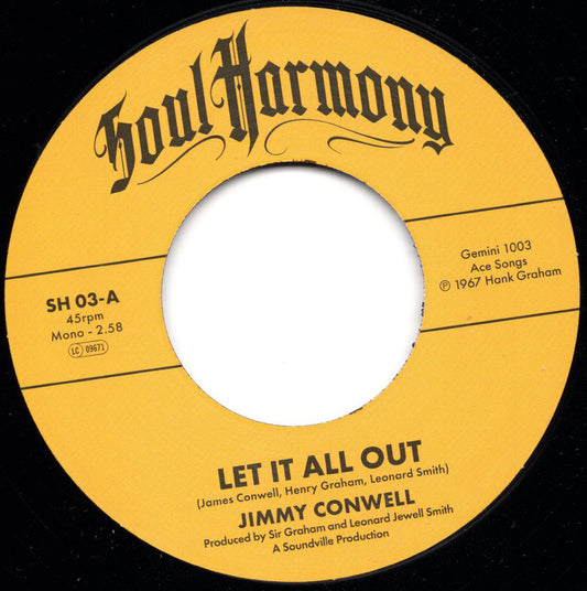 Record label for 'Let It All Out' by Jimmy Conwell with 'Soul Harmony' branding.